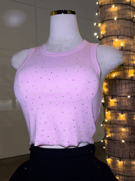 Pink Rhinestone Cropped Tank Top