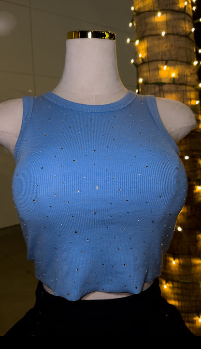 Blue Rhinestone Cropped Tank Top