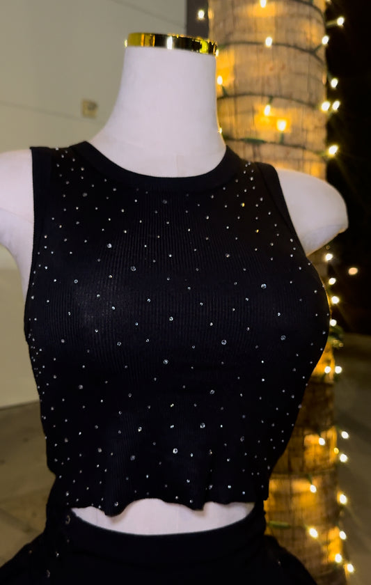 Black Rhinestone Cropped Tank Top