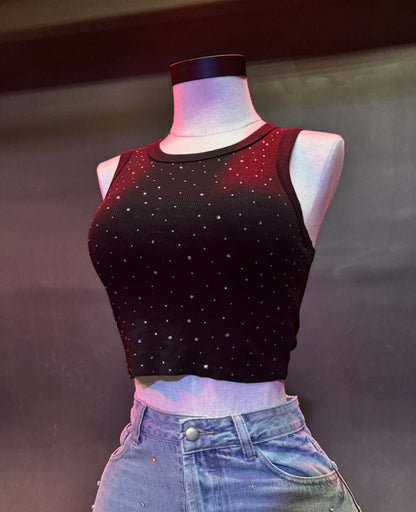 Black Rhinestone Cropped Tank Top
