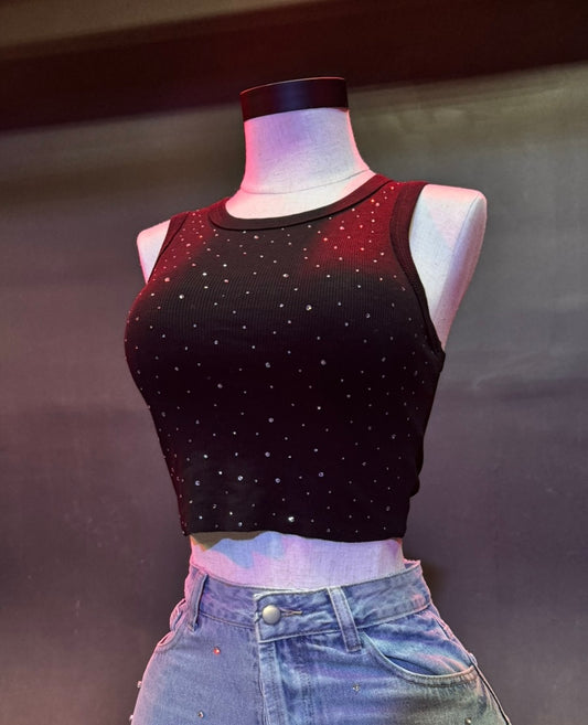 Black Rhinestone Cropped Tank Top