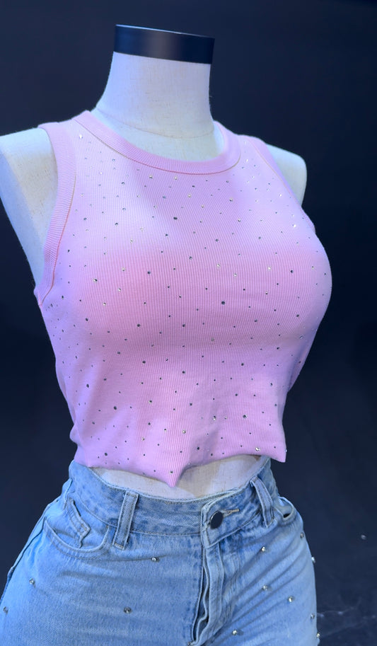 Pink Rhinestone Cropped Tank Top
