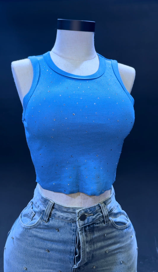 Blue Rhinestone Cropped Tank Top
